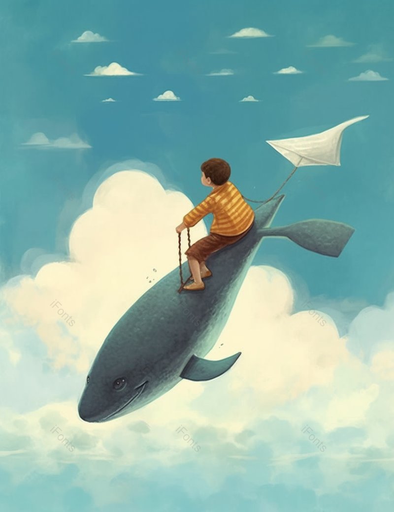 白云儿童节充满想象力童趣孩子们乘着鱼飞翔在蓝天碧海之上插画,插画/手绘图,插画/手绘图库,插画/手绘图下载,插画/手绘